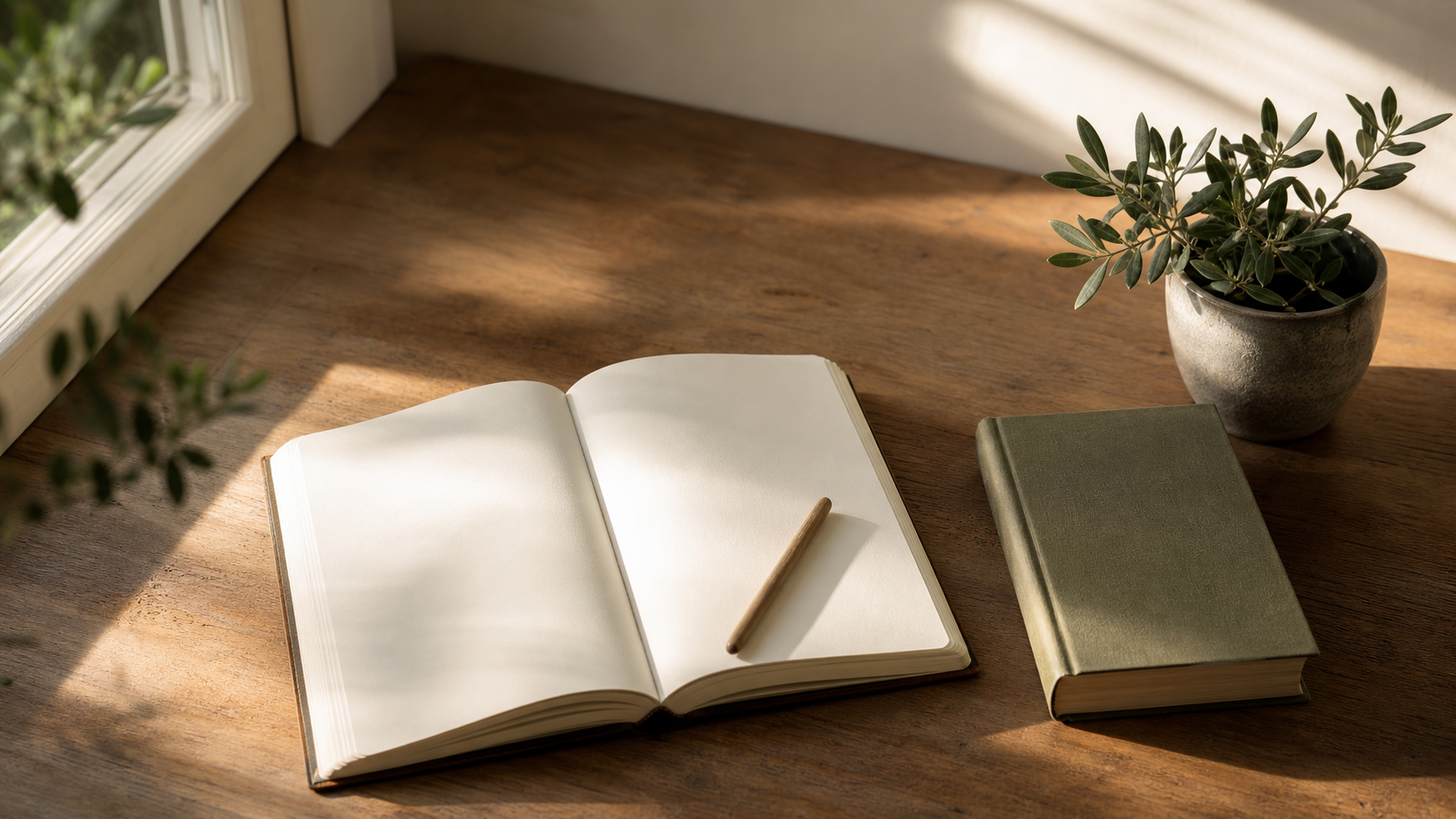 An open journal with a small wooden pen on a sunlit wooden desk, a closed olive hardback book and a small olive plant nearby.