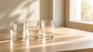 Three small clear glass tumblers in a row on a pale wooden surface, each holding a different level of water, in soft morning light.