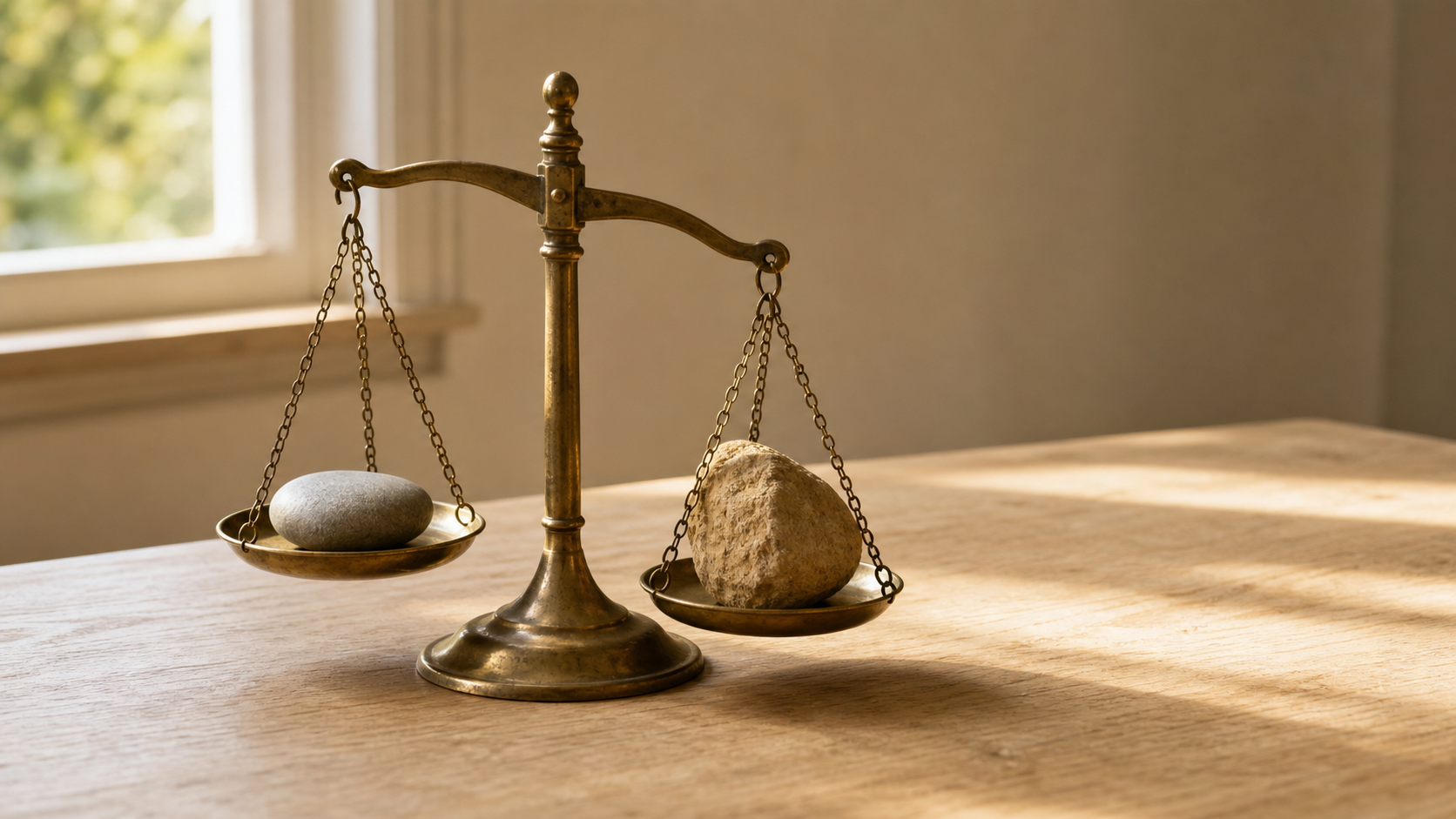 A small brass balance scale on a wooden desk, a smooth river pebble on one pan and a rough sandy stone on the other.
