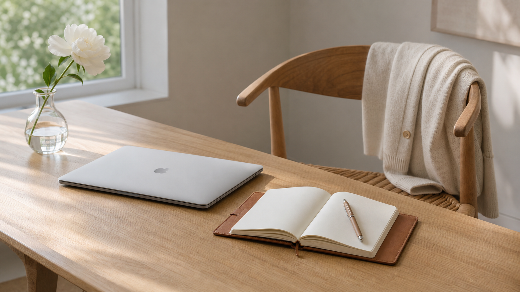 A pristine home workspace: closed silver Apple MacBook on a warm wooden desk, open leather planner, a single white flower, and an empty wooden chair with a cream cardigan draped over the back, soft morning light.