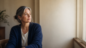 A thoughtful woman in her late 40s in a soft dusty-navy wool cardigan, salt-and-pepper hair pulled loosely back, sitting by a window in soft afternoon light looking out, considered expression.