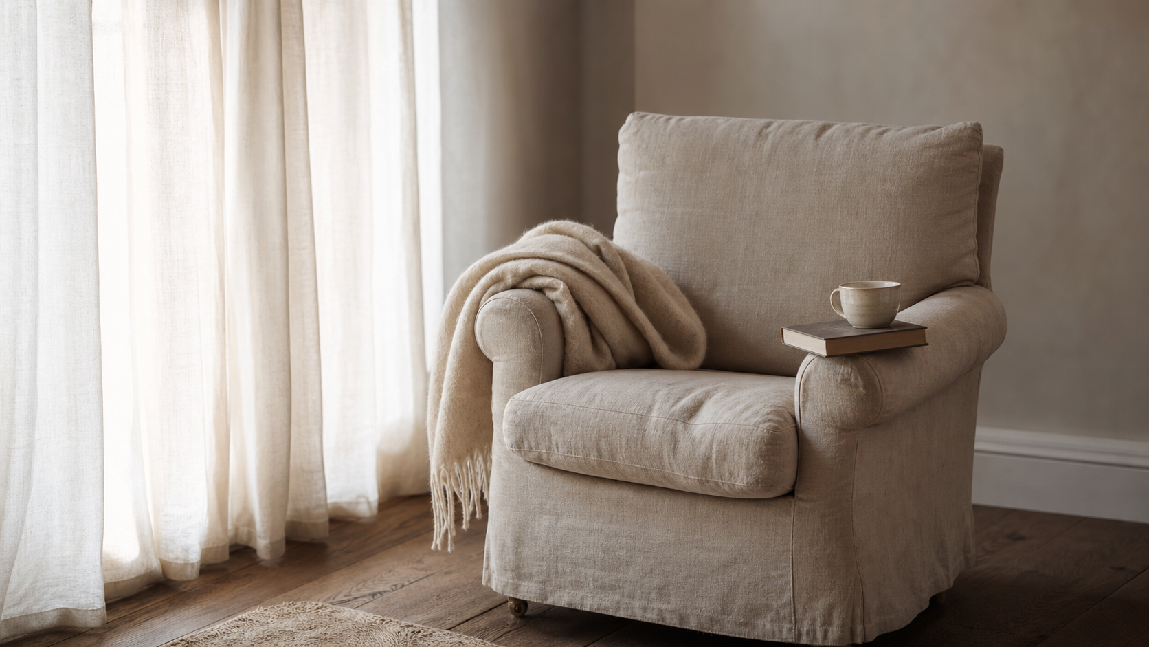 A worn upholstered cream linen armchair beside a window, cream wool throw draped over one arm, a closed hardback book and small half-empty ceramic cup on the other arm, soft morning light through gauzy curtains.
