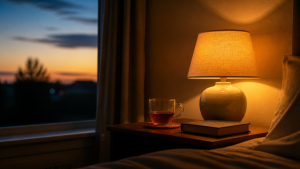 A wooden bedside table at dusk, a small ceramic lamp glowing warmly, beside it a closed hardback book and a half-drunk cup of tea on a coaster, blue-orange evening light fading through a window.