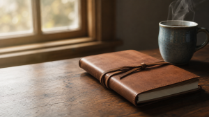 A closed leather notebook tied with a slim leather strap on a warm wooden desk, beside it a handmade ceramic mug in muted blue-grey glaze with steam rising, sunlit window in soft focus beyond.