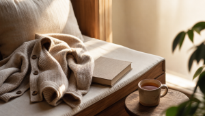 Folded oat-cream knit cardigan with visible button detail draped on a wooden window seat with cream cushion, closed paperback book beside it, ceramic mug of warm tea on a small round wooden side table beside the seat, warm afternoon golden light, leafy plant in soft focus
