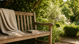 Wooden garden bench in a sunlit cottage garden with a folded oat-cream wool throw draped on the left and a closed paperback book on the seat, lush greenery and flowering plants behind, soft summer afternoon light