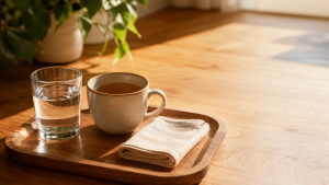 Small wooden tray on a sunlit kitchen worktop holding a clear glass of water, a ceramic mug of warm tea, and a folded cream linen napkin, leafy plant in soft focus to the left