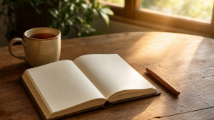 Open hardback journal on a warm wooden table with subtle paper texture, beside a closed wooden pen and a ceramic mug of warm tea, soft morning window light, leafy plant in soft focus