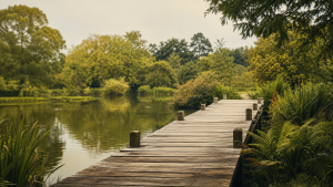 Weathered wooden footbridge stretching across a calm pond in a peaceful British country garden with lush green ferns and trees on both sides, soft afternoon light, calm water reflections