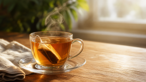Clear glass teacup of warm amber tea with a teabag steeping inside on a glass saucer on a warm sunlit wooden table, folded cream linen napkin beside, soft window light catching wisps of steam, leafy plant in soft focus