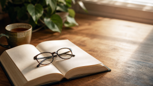 Pair of dark tortoiseshell reading glasses resting on top of an open hardback book with blank cream pages on a warm sunlit wooden desk, ceramic mug of tea to the left, leafy plant in soft focus behind, morning window light pouring across the desk