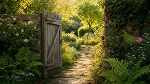 Weathered wooden garden gate standing slightly ajar in a stone wall, sunlit cottage garden visible beyond with stone footpath leading away, lush ferns, white flowering plants and a pink rose, warm afternoon light