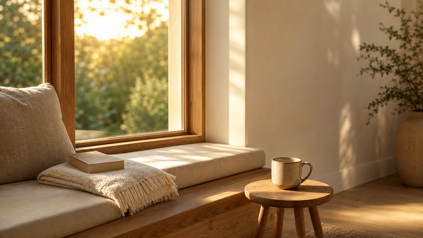 Wooden window seat at sunrise with a folded cream throw and closed paperback on the cushion, a ceramic mug on a small wooden side table beside it, warm golden light through the window panes, leafy plant in the corner