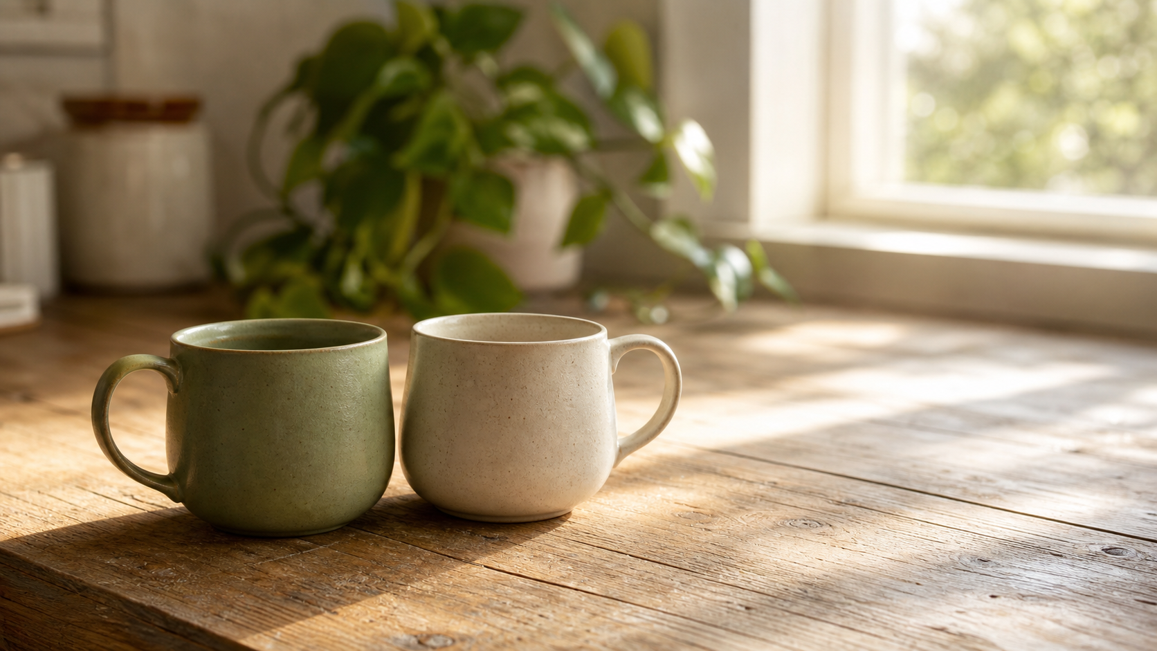 Two ceramic mugs side by side on a warm wooden kitchen worktop, one sage stoneware on the left and one cream stoneware on the right, soft sunlit window light from the right and a leafy plant in the background, suggesting a quiet comparison