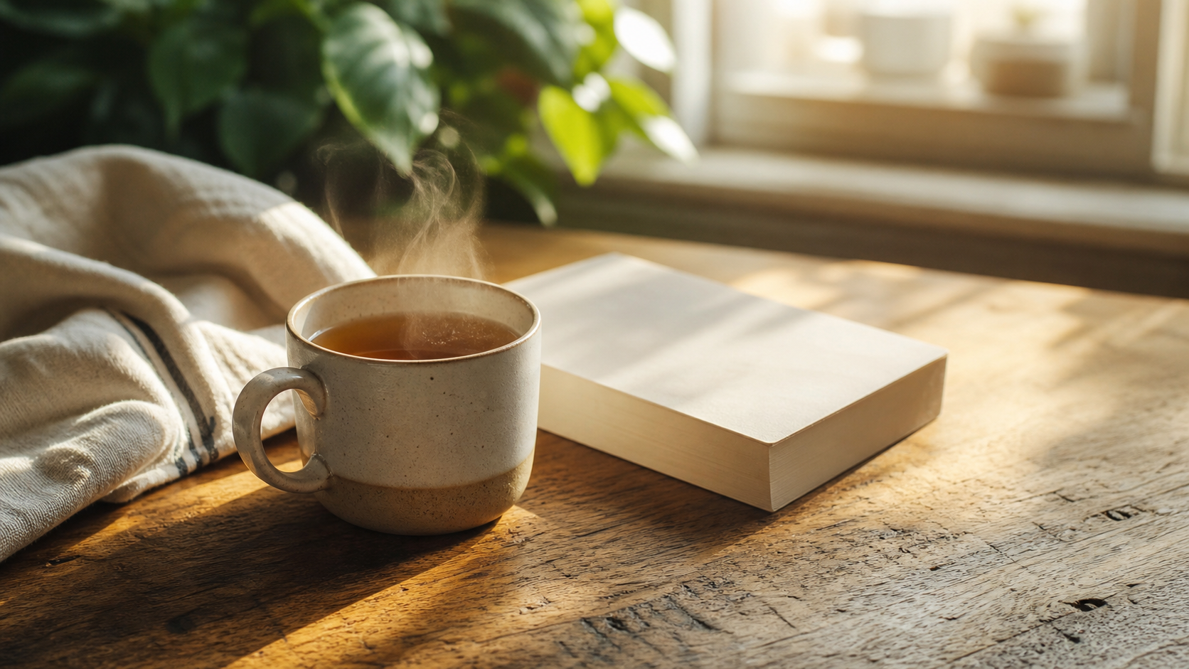Two-tone ceramic mug of freshly-poured tea with gentle wisps of steam rising, sitting on a warm wooden kitchen worktop in soft morning light, with a closed cream-coloured paperback to one side and a folded oat-cream linen tea towel to the other, leafy plant out of focus in the background