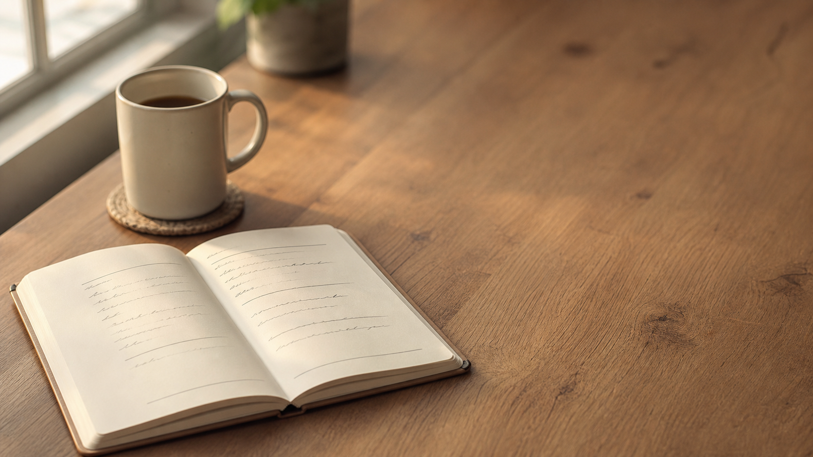 An open softcover journal on a warm wooden table with a cream ceramic mug, soft morning light