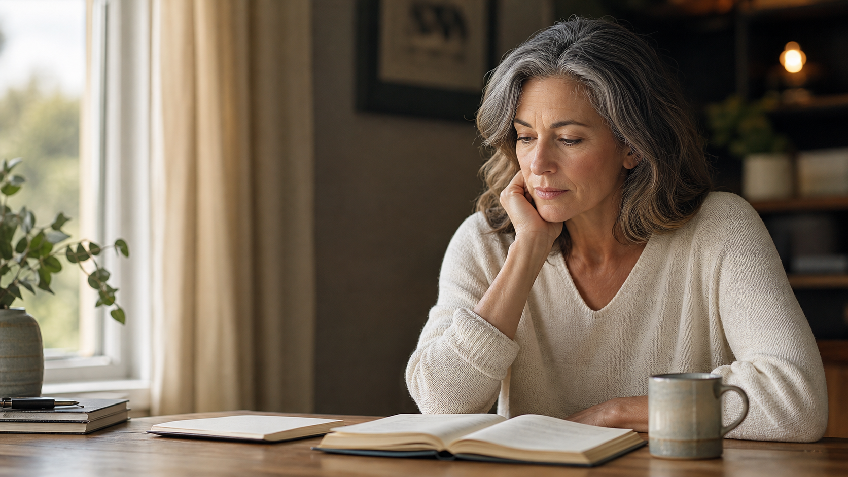 Mature professional woman seated at a wooden desk by a window, looking thoughtfully at an open notebook in soft morning light