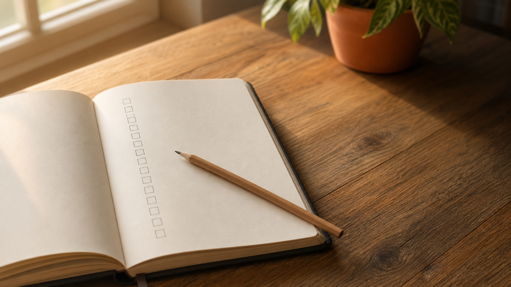 Open hardback journal with hand-drawn empty checkboxes down the page, a wooden pencil resting across the page, and a small leafy plant in a terracotta pot. Am I burnt out? self-test landing image.
