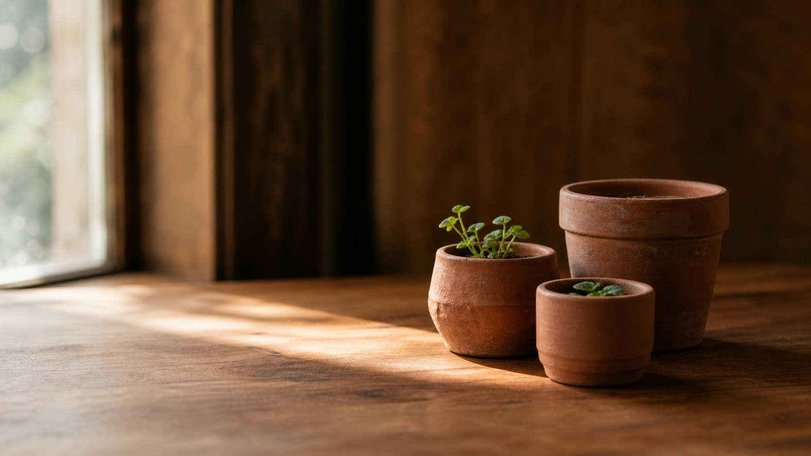 Three small terracotta pots of different sizes grouped together on a warm wooden surface in soft morning light, with tiny green sprouts in two of the smaller pots.