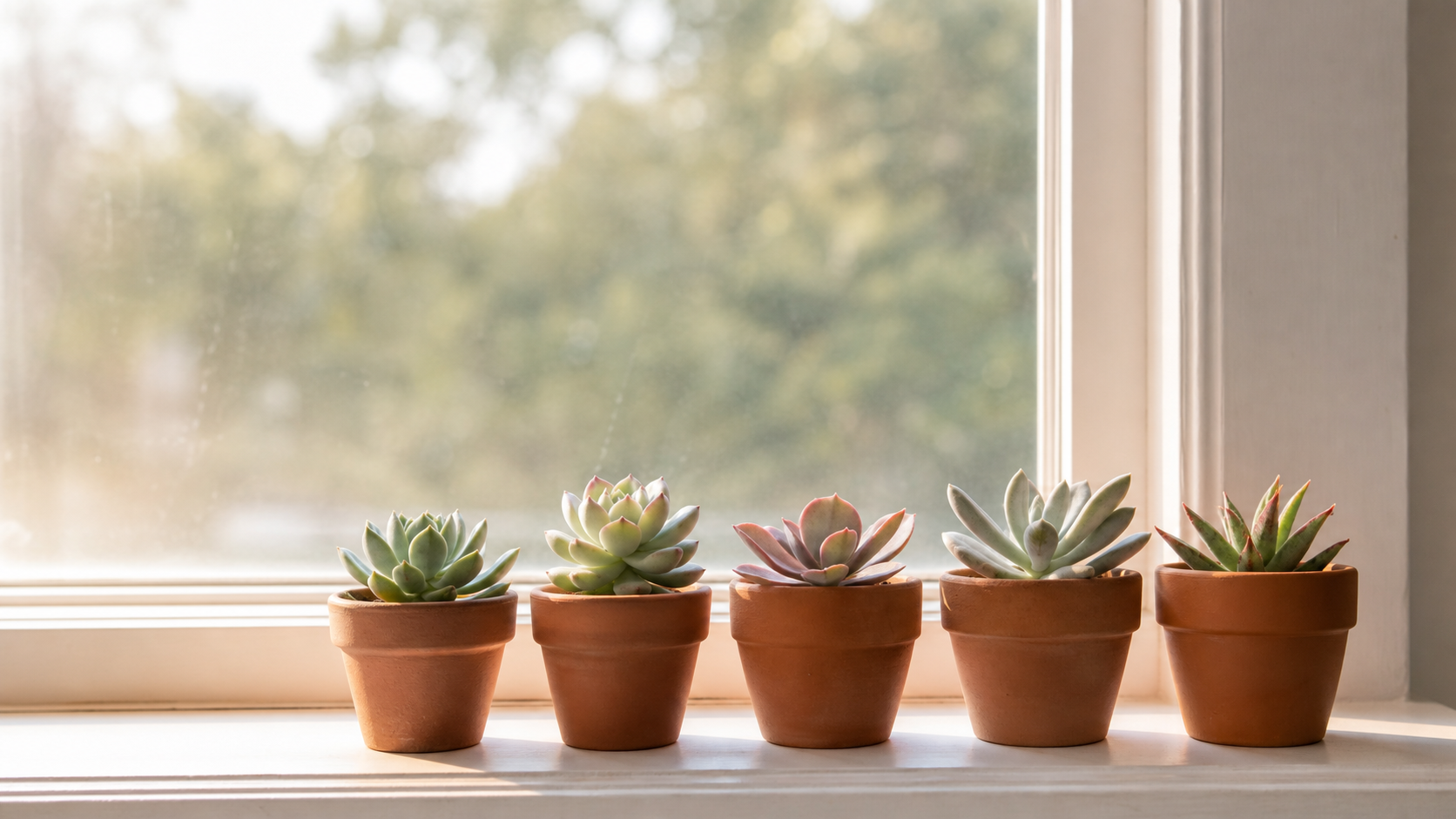 Five small terracotta pots holding varied succulents lined up on a sunlit windowsill with a soft garden view beyond.