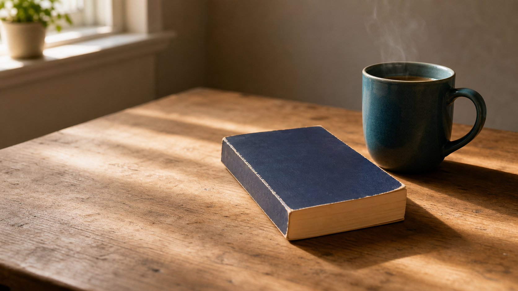 A closed navy paperback book rests beside a deep teal ceramic mug with steam rising on a warm wooden writing desk in soft morning light.