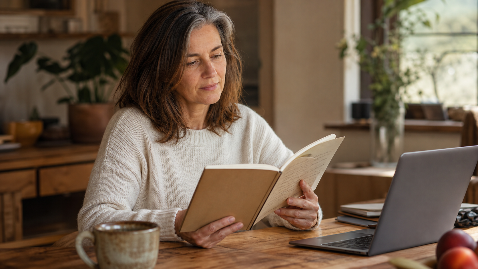 A woman in her late 40s with shoulder-length brown hair and a soft cream knit, holding an open notebook and reading it thoughtfully at a warm wooden kitchen-style table in her home workspace, plant and home elements softly in the background