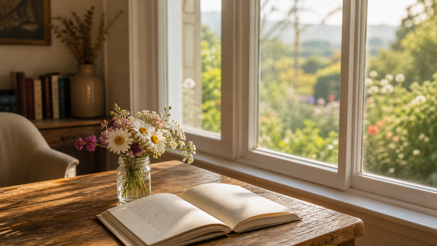 A warm wooden desk under a tall window with an open linen-bound notebook and a glass jar of simple cottage-garden flowers