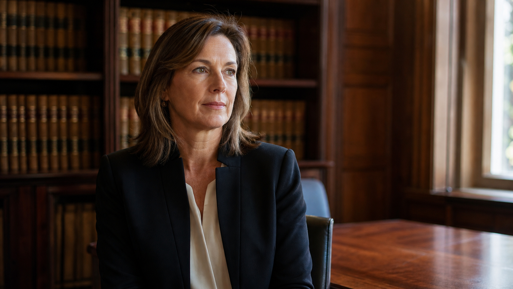 A thoughtful mature woman in her early 50s wearing a dark jacket and cream blouse seated in a warm legal chambers style office with leather-bound legal volumes on tall wooden shelves behind her, soft window light