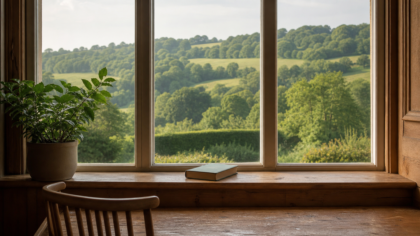 A warm wooden window seat with a view of soft rolling green inland Surrey countryside with mature trees and hedgerows in soft morning natural light