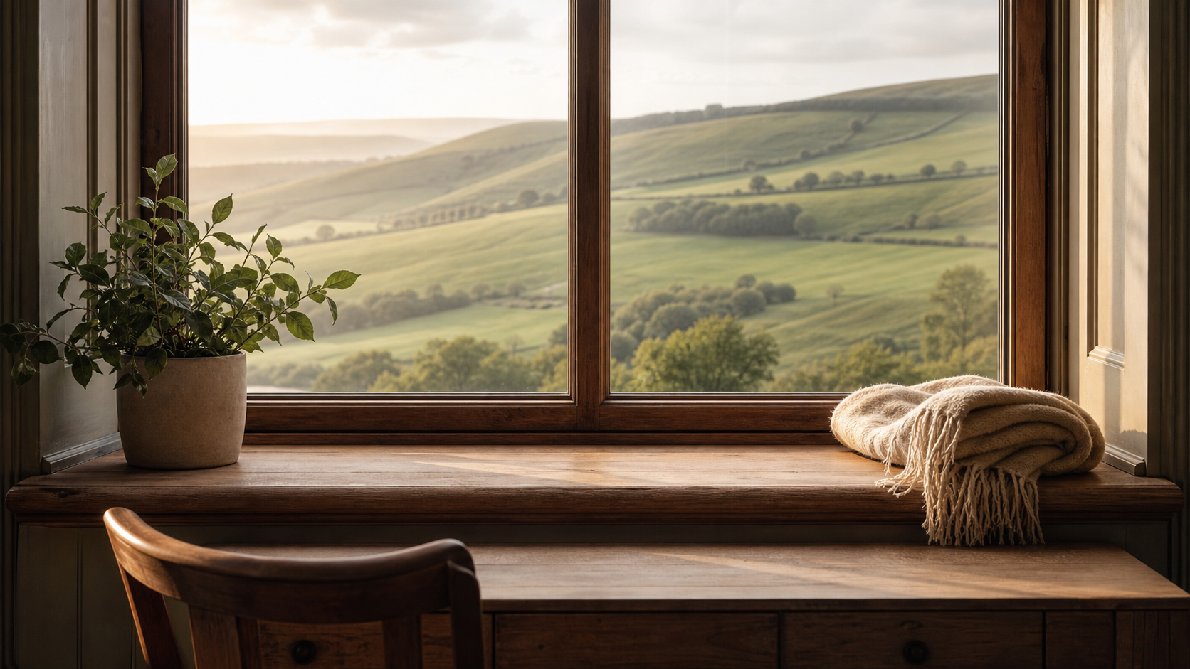 A warm wooden window seat in front of a tall window, view through the window of rolling Sussex chalk-grass downland hills in soft morning English light