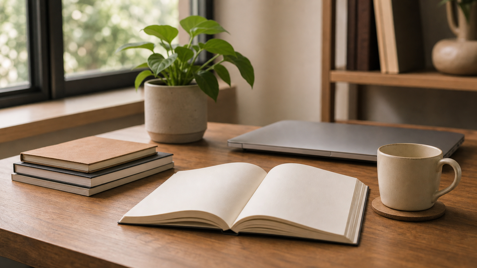 A warm professional workspace with a stack of softcover notebooks, an open book, a cream mug and a leafy plant in soft natural light